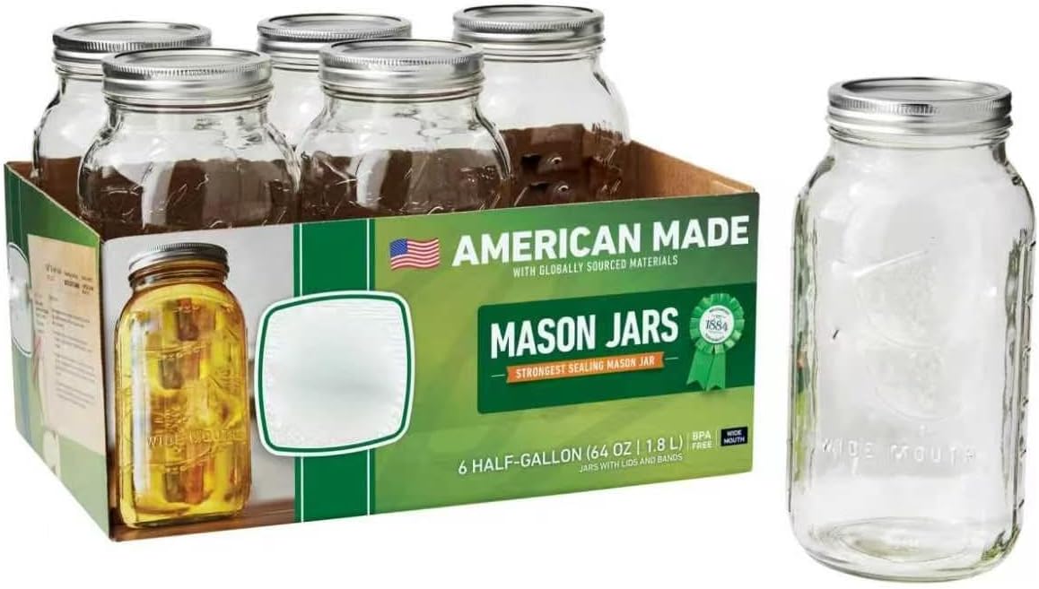 Extra Large 64 oz Wide Mouth Glass Mason Jars 6-Pack, Half Gallon Canning Jars with Lids and Rings for Pantry & Kitchen Storage