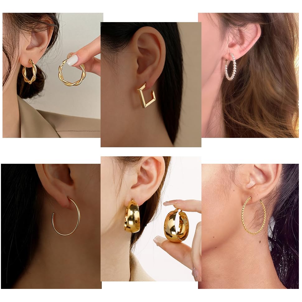 Image of Gold Jewelry Set for Women Gold Plated Chunky Layered Necklace Chain Bracelet Stackable Ring Hoop Earrings Jewelry Accessories Gifts