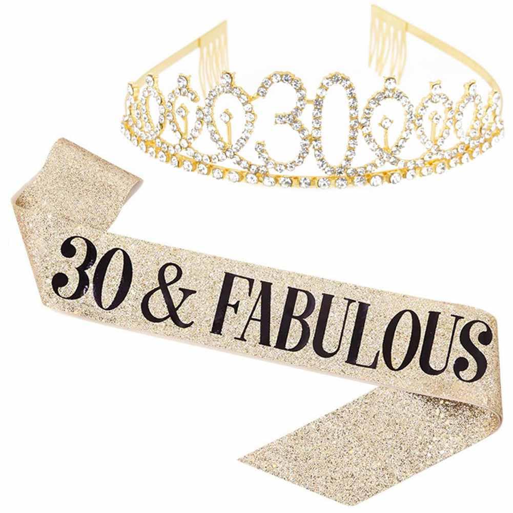 SHTGOI Birthday Crown Sash Set for 30th Crystal Birthday Crown and Birthday Sash 30th & Fabulous Birthday Girl Decoration Sash and Tiara Birthday Gifts for Birthday Decoration Gold
