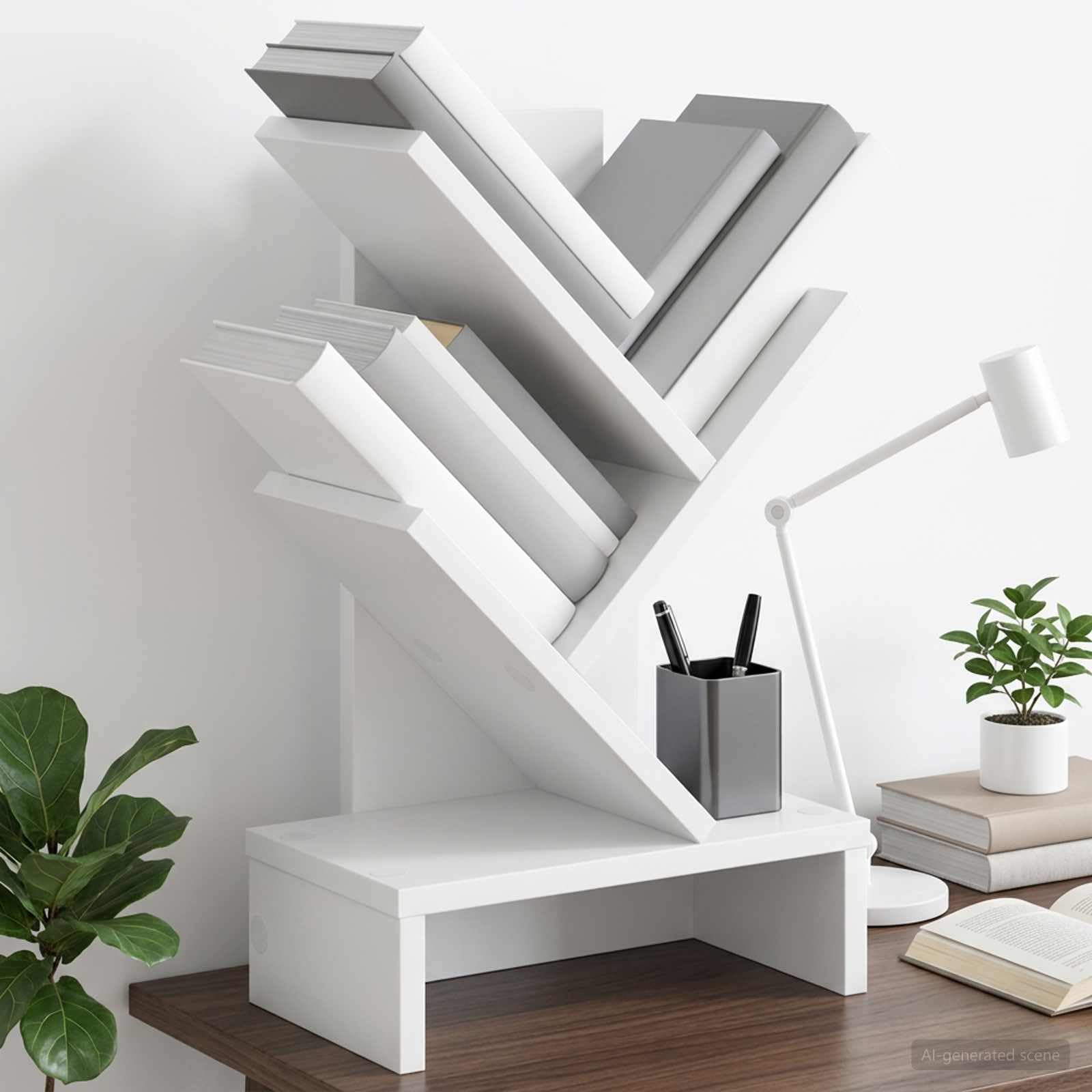 Libreria Albero Bianco Scaffale Portalibri Legno Ingegnerizzato | Organizzatore salvaspazio da scrivania per libri e piccoli oggetti, adatto per soggiorno, camera da letto e studio.