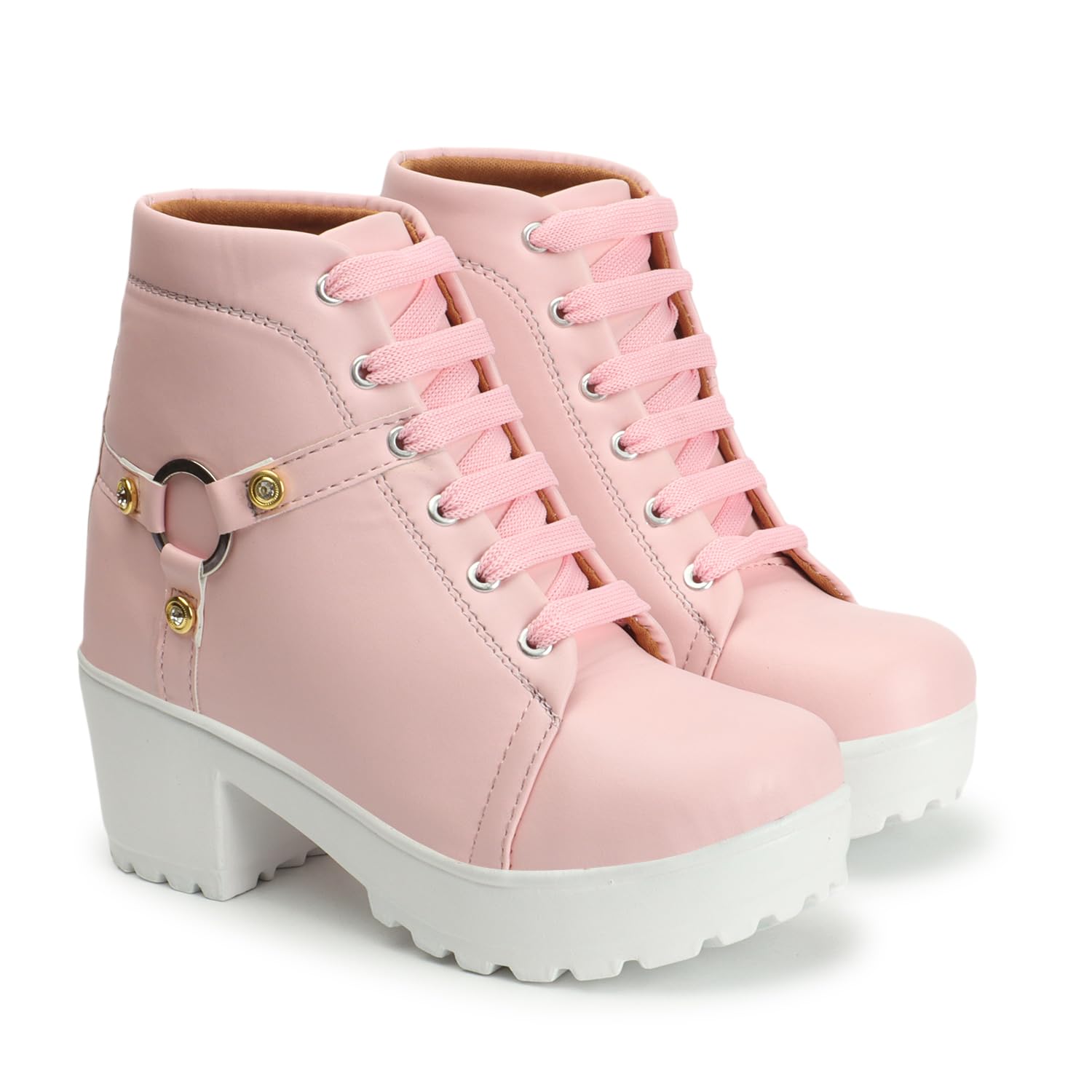 EVOLTAR Luxury Womens Embellished Block Heel Boots - Stylish Synthetic Leather Lace-Up Booties with Metal Ring and Diamond Buckle (B0BYVK9ZS9) Amazon Price History, Amazon Price Tracker