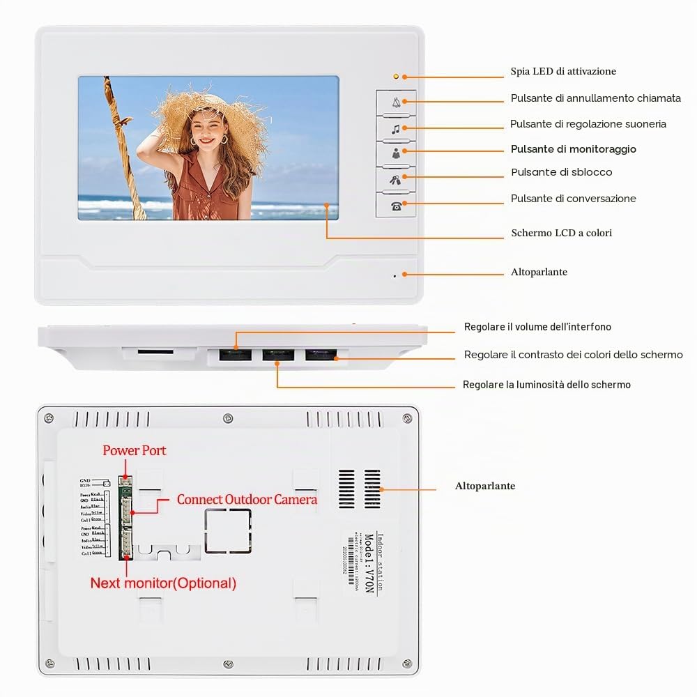 Due Vie Audio Porta Video Citofono con Schermo da 7 pollici Videocitofono Citofono Campanello per Casa/Sppartamento per 2 Casa