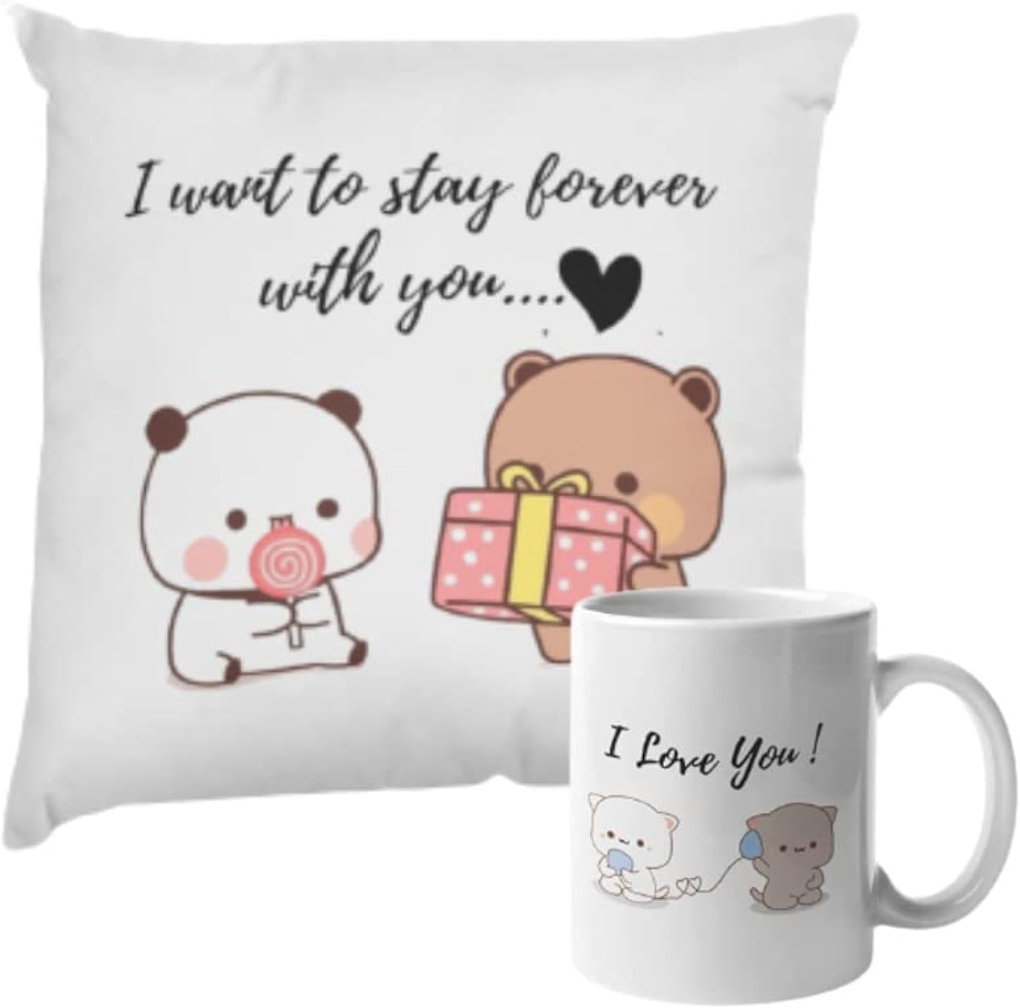 Cotton Bubu Dudu Couple Pillow and coffee mug Bubu Dudu Quotes Pillow For Couple Throwing Pillows For Couple I Want to Stay with You Pillow Case, Embroidered Teddy Bear Design, Cute 'I Love