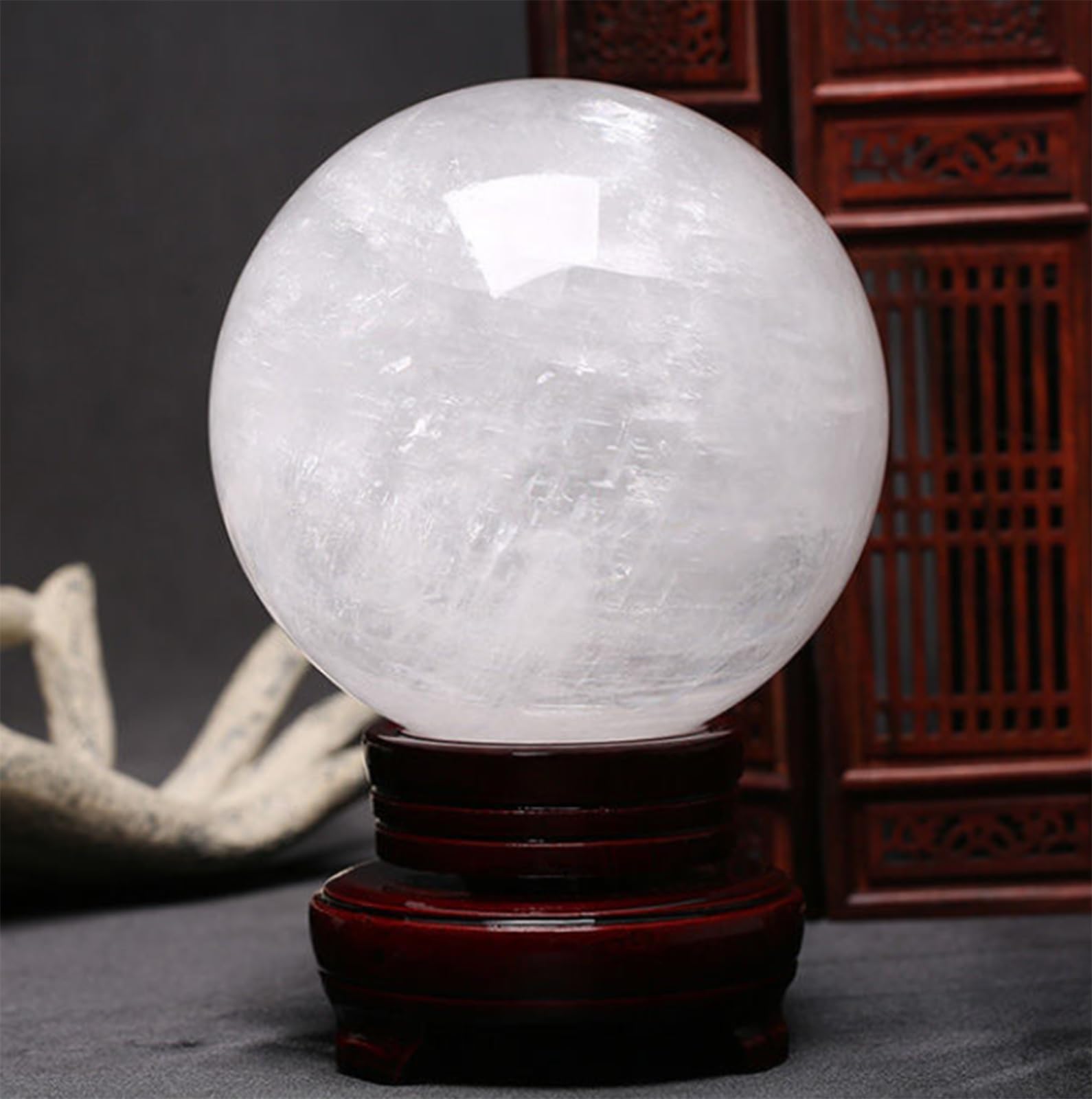 Bola de Cristal Natural con Base de Madera, Adorno de Bola de Cuarzo de Calcita Blanca, Esfera de Piedra de Orbe de Cristal Curativo Mágico para Feng Shui,Decoración del Hogar,160mm/6.3in