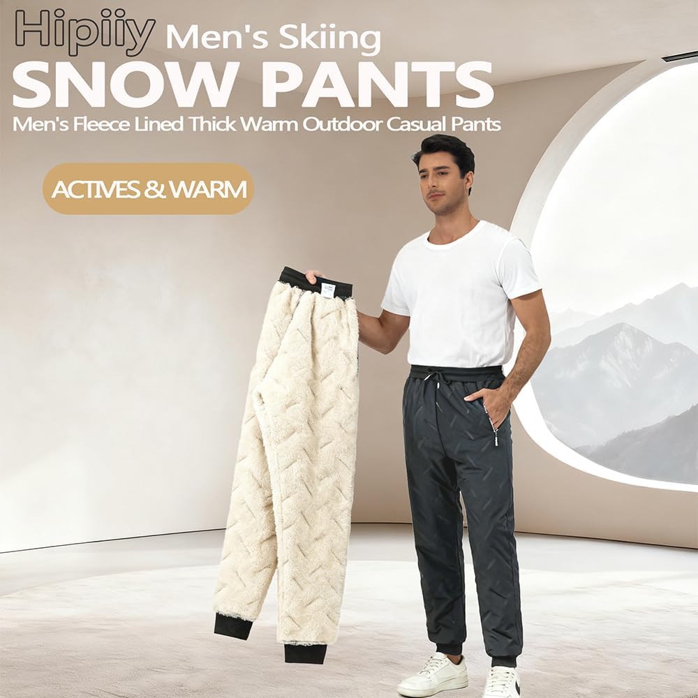 New Men's Fleece Lined Thick Warm Outdoor Casual Pants, Loose Fit Sports Trousers Black - Image 3