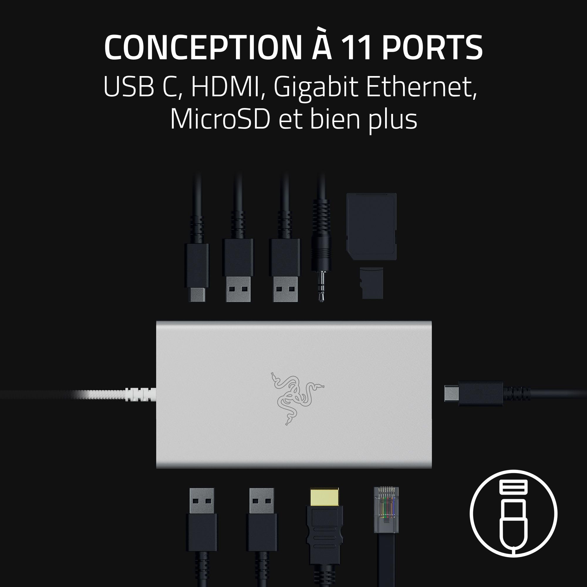 Razer Station d'accueil USB-C - 11 Ports avec HDMI, Gigabit Ethernet, Port Audio 3,5 mm, USB-A et -C, Compatible avec Windows et Mac (Sortie d'écran avec 4K, Son Surround 7.1) Mercury