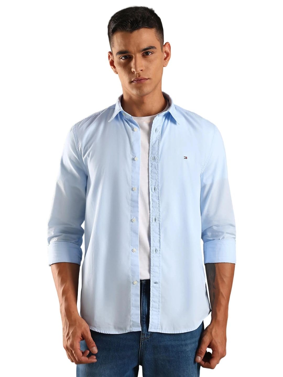 tommy hilfiger Solid Slim Fit Cotton Shirt Blue-picture-16