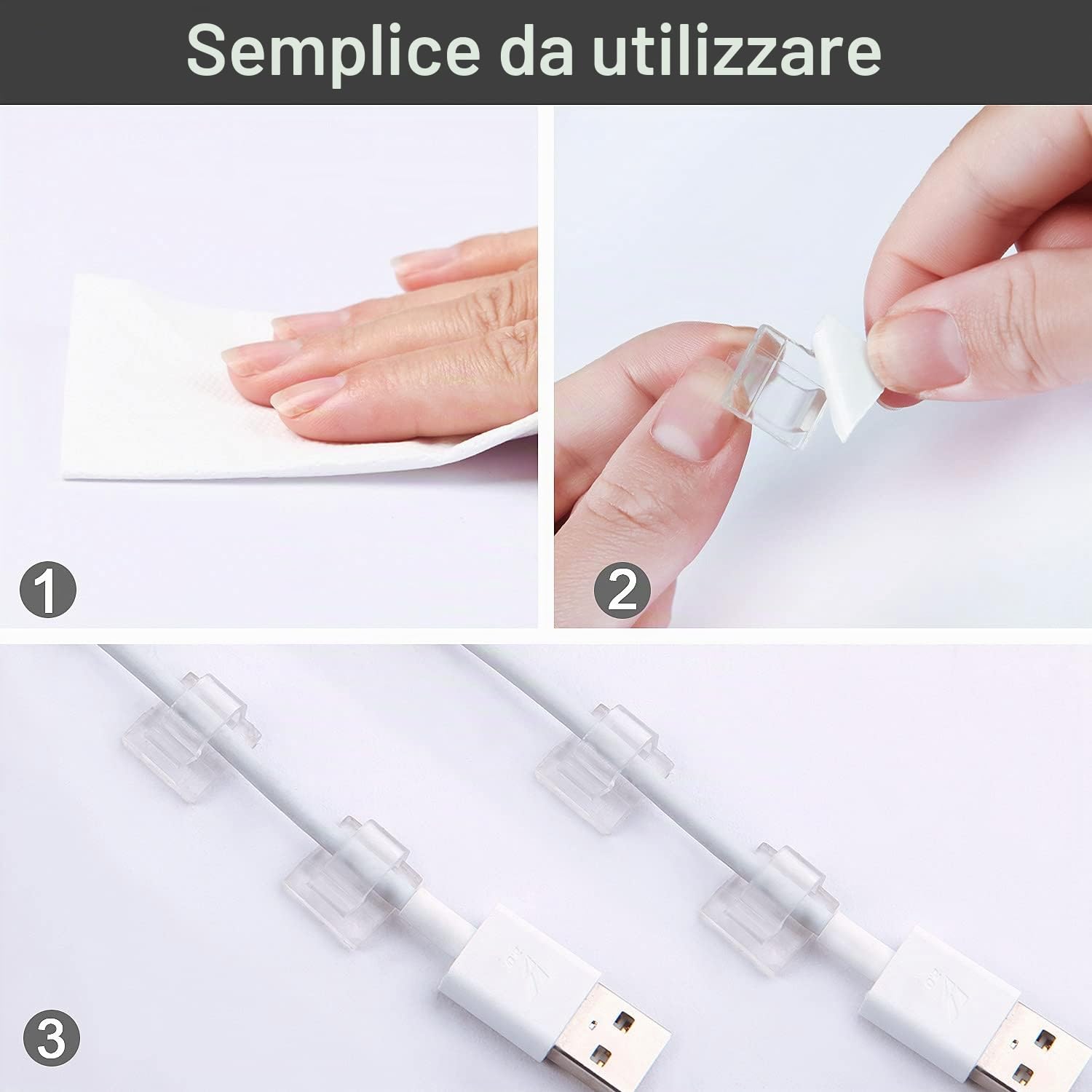 RYCHUI Fermacavi Autoadesivi 60 Pezzi - Clip Organizzatore per Luci Natalizie Esterno, Supporto Ganci Cavi Trasparente per Decorazioni Festive, LED Fairy Lights