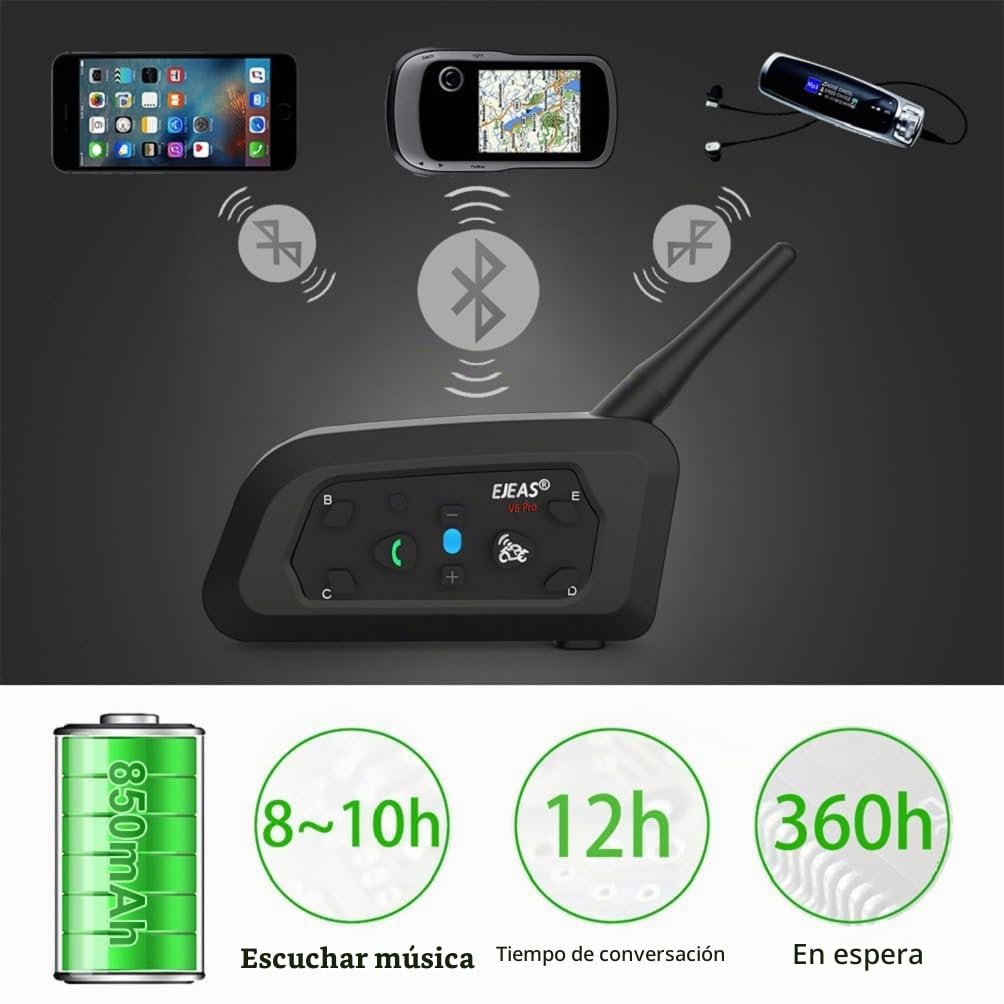 V6 Pro Motocicleta Intercomunicador, 2 Casco Auricular Intercom Kit con cancelación de Ruido, 1Km Distancia, IP67 Impermeable Universal Motocicleta Sistema de Comunicación (Negro-Dos)