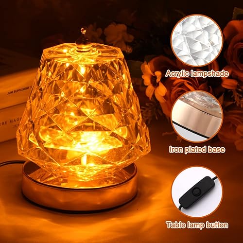 Miniatura 3 de Lámpara de cristal, lámpara de escritorio de luz nocturna de cristal, lámpara de mesa regulable recargable por USB, lámparas doradas transparentes y