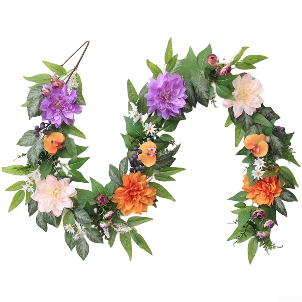 Künstliche Dahlien Girlande 180cm Seide Realistisch | Realistische Seidenblüten, detailreiches Design, natürlicher Look, für Wohnzimmer und Eingangsbereich