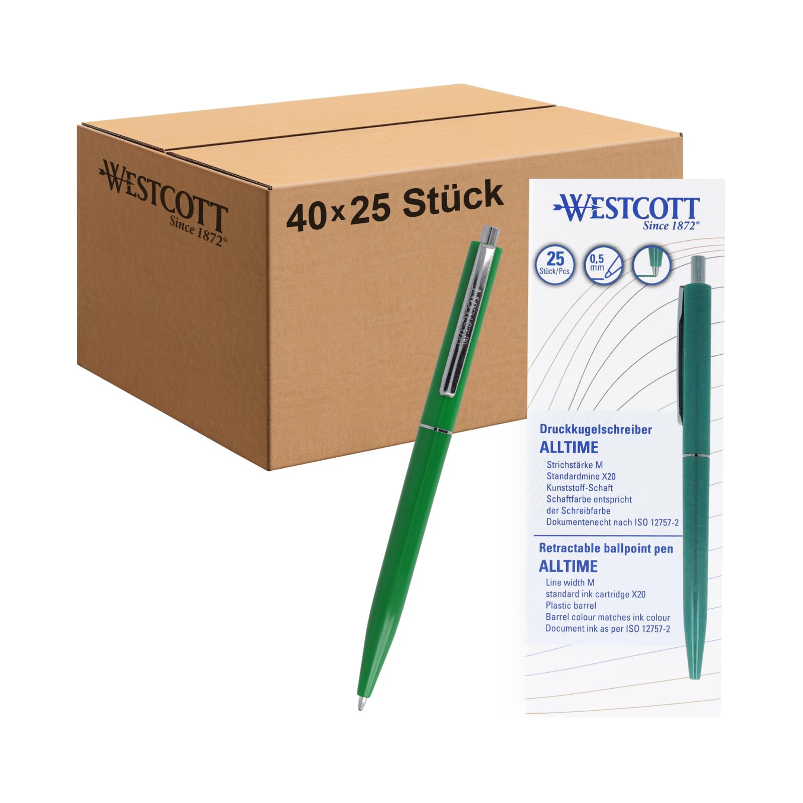 Westcott Kugelschreiber ALLTIME Grün 25 Stück (40er-Pack) | Großpackung Druckkugelschreiber mit grüner Tinte | Strichstärke M, X20 | Dokumentenecht ISO 12757-2 | Stabiler Metallclip | E-737463 00