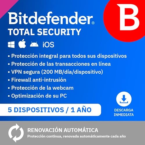 Bitdefender Total Security| 5 Dispositivos | 1 Año | PC/Mac/iOS/Android | Código de activación por email | Renovación automática