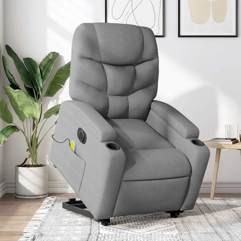 Sillón elevador eléctrico con masaje de 6 puntos y reclinación automática, gris claro de tela, función elevación y vibración, estructura estable de madera