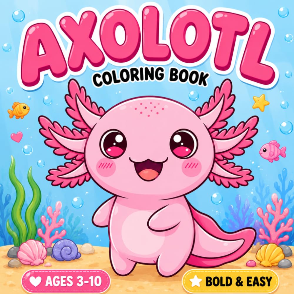 Axolotl Coloring Book for Kids 3-10 yrs: Bold and Easy Coloring Pages for Kids Ages 3-10 / Adorable Kawaii Axolotls with Fun Adventures, Animals , Fantasy Scenes & More