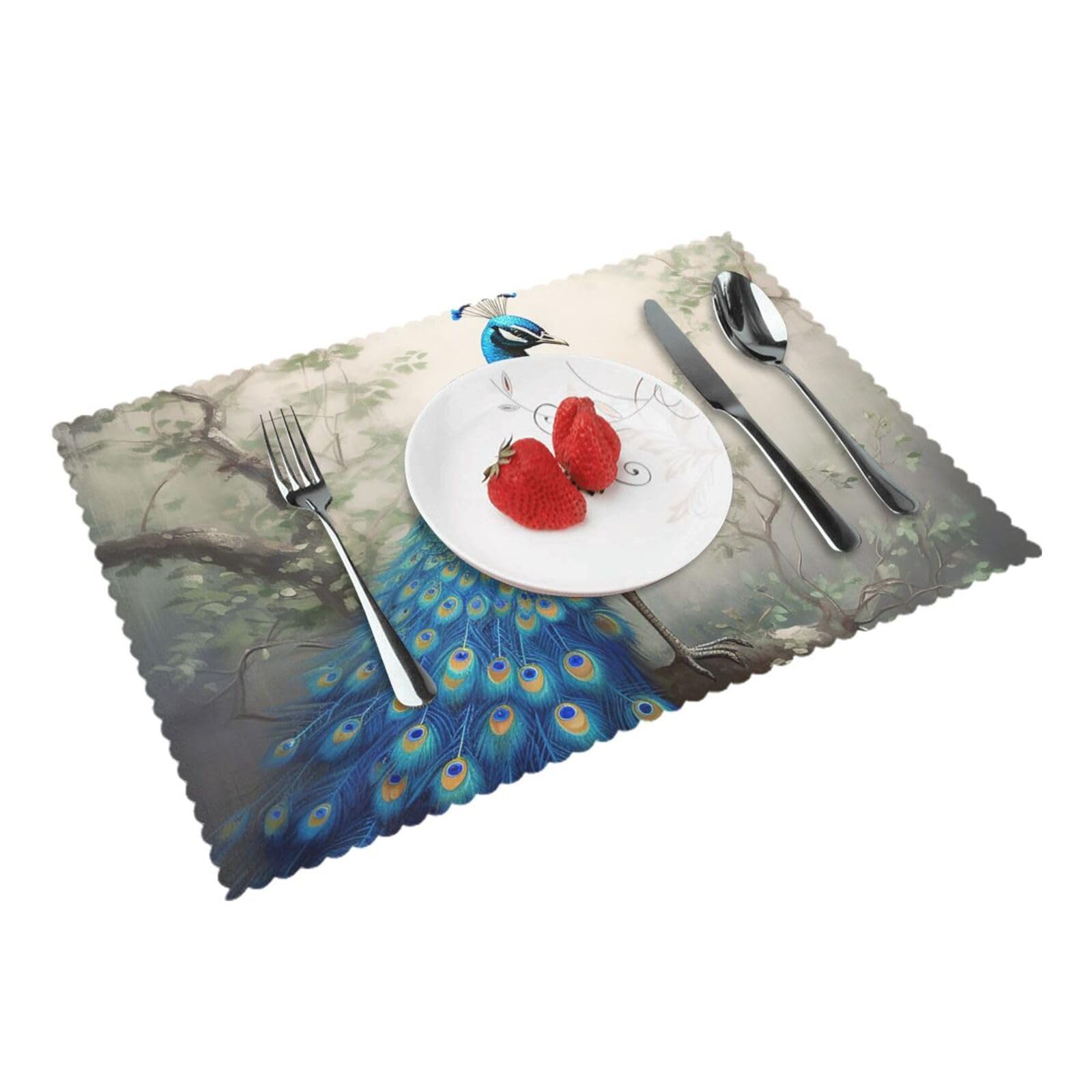Placemats Set of 4 Heat Resistant Woven Place Mats for Dining Table Blue Peacock Placemats Washable Wipeable PVC Table Mats Indoor/Outdoor Place Mats for Party Kitchen Decor 30x45 cm