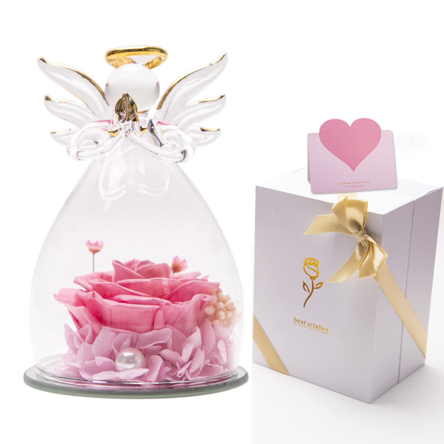 ESUFEIR Pink Eternal Forever Preserved Rose Unique Gift for Mum,Her,Women,Girlfriend,Wife,Ladies,Everlasting Infinity Angle Flowers in Glass Presents Ideas for Mothers Day,Birthday from Daughter Son
