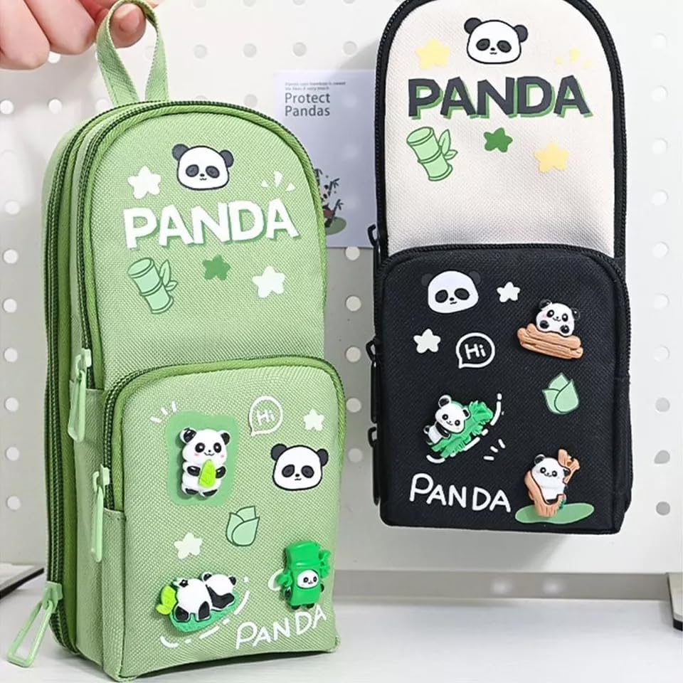 Image of Invite Enterprise Three Layer School Bag-Shaped Pencil Pouch, Large-Capacity Pencil Pouch with Zipper, Multipurpose Pen & Pencil Case for School Supplies for Boys & Girls (Panda - Black)