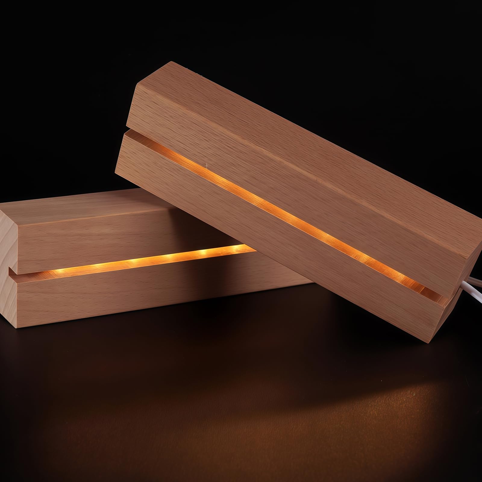 4 pezzi base LED in legno di faggio: base per display con striscia LED, supporto rettangolare per display luce calda 3 x 4,5 x 15 cm, per pannelli acrilici spessi fai da te, decorazione in