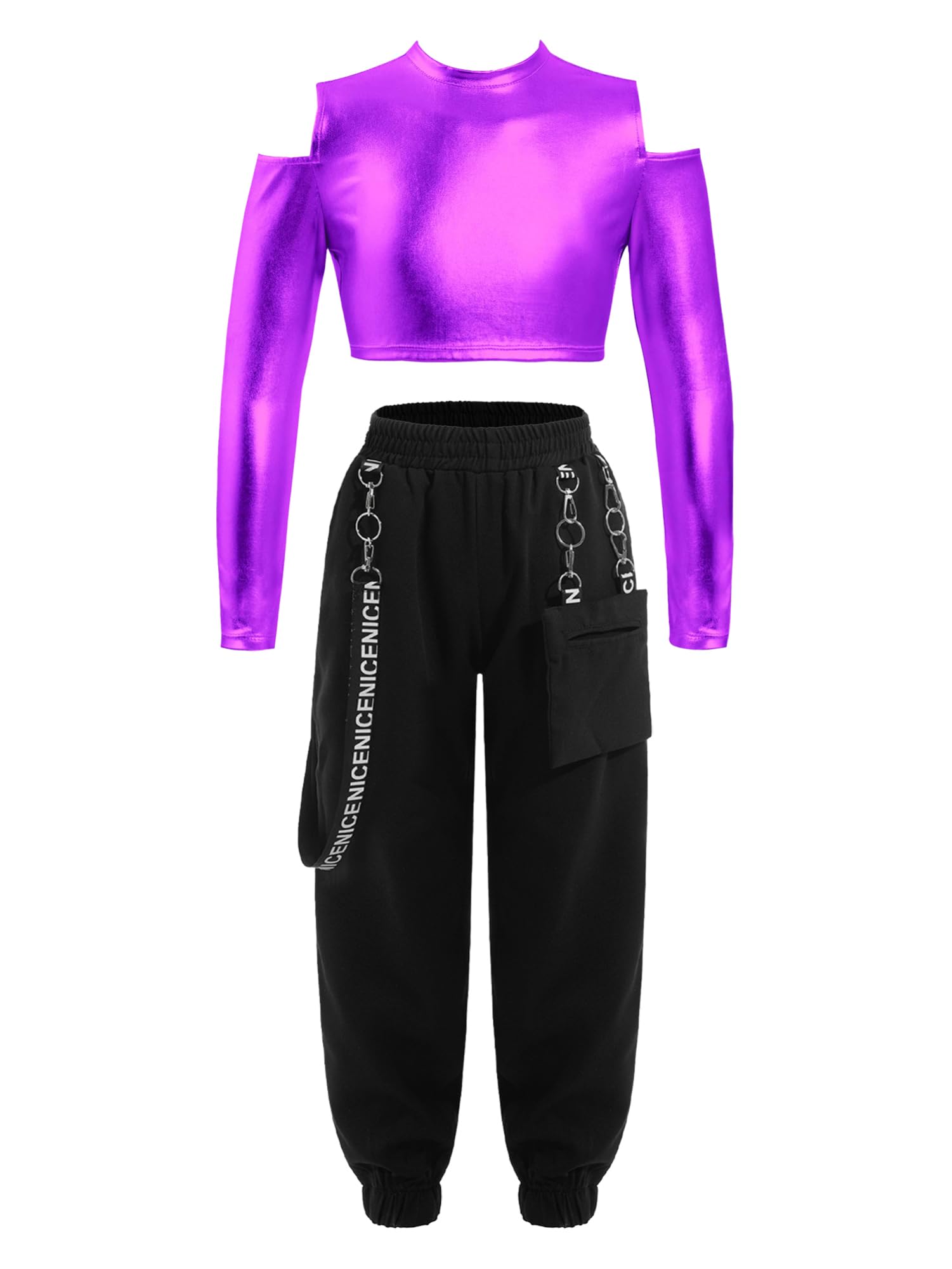 IEFIEL Traje de Baile Moderno para Niñas Sudadera de Manga Larga Crop Top de Lentejuelas Brillante y Pantalones Largos de Danza Hip Hop Chándales Deportivos 5-14 Años