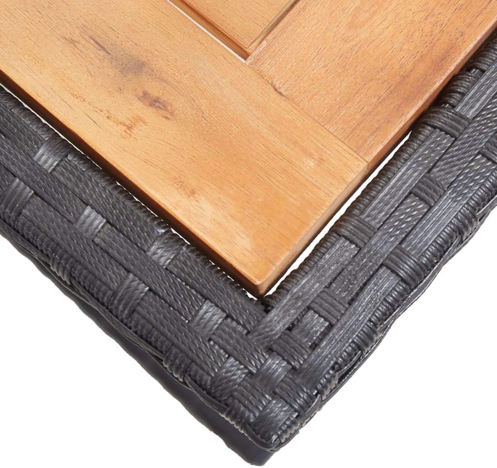 Stylish Rustic Patio Dining Table, Sturdy Patio Table with Steel Frame, Weather Resistant Coffee Table for Backyard or Living Room, Patio Table Black Solid Acacia Wood and Poly Rattan