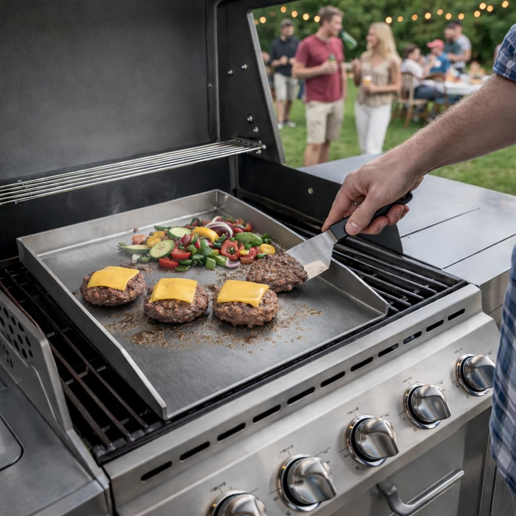 Bergfeld BBQ Grillplatte - Premium Plancha Set [30x40 cm] - 5mm massiver Edelstahl - 25% dicker als die meisten Planchas - inkl. 3er Grillspachtel-Set - auslaufsichere Ecken