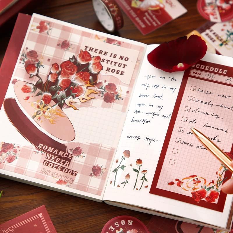 Image of VOTDOT Paper Junk Journal & Scrapbook Kit, Scrapbooking Supplies Kit with Creative Decor Journaling Supplies, Stationery, Stickers, A6 Grid Notebook with Graph Ruled Page Gift for Girl (Rose Scrapbook)