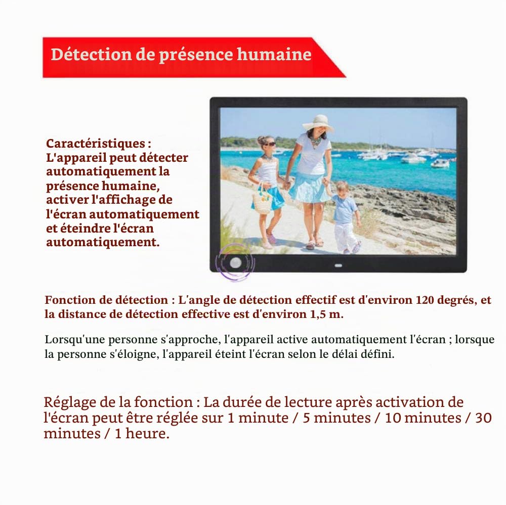 Cadre Photo Numérique 13 Pouces HD avec Télécommande Et Detecteur De Mouvement Cadre Photo Electronique LED Cadre 1080P 16:9 Cadre Photo Digital Compris l'horloge MP3 MP4 Calendrier,Black