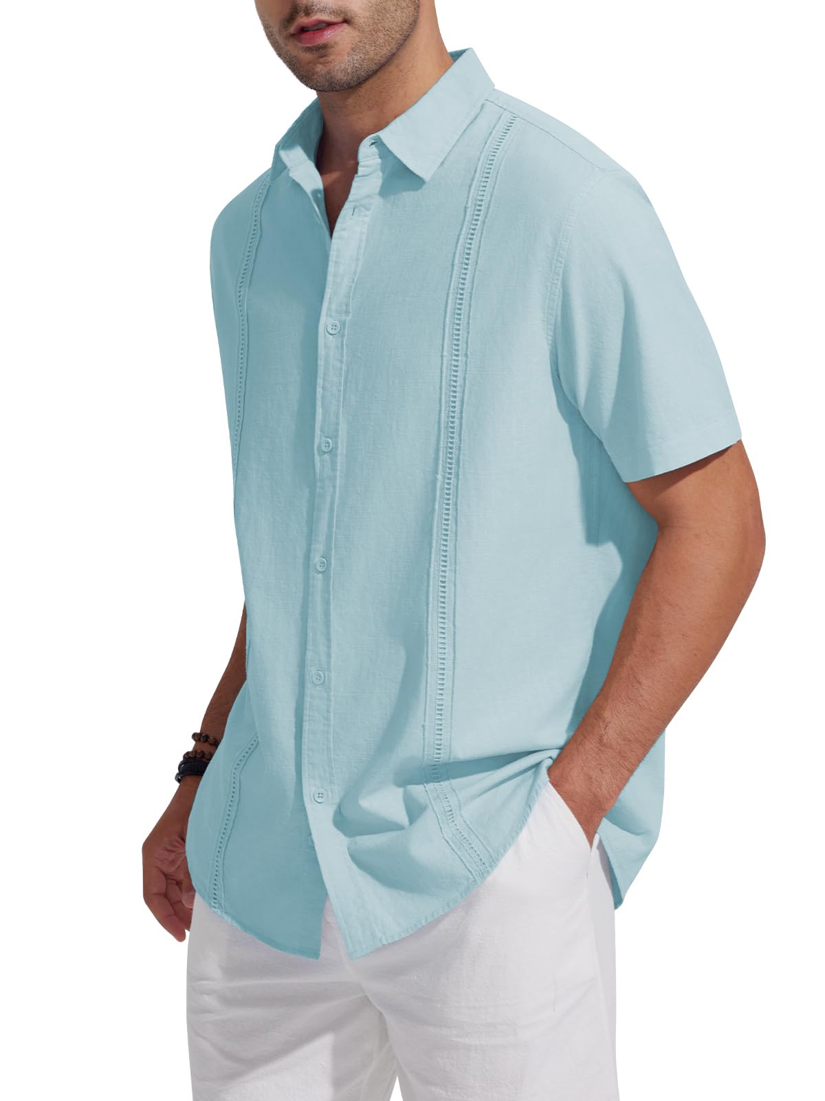 Friptspyg Uomo Camicia Lino Cotone a Maniche Corte Casual Guayabera Camicia da Spiaggia vestibilità Regolare Stile Cubano Camp Estive