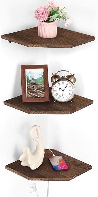 Corner Floating Shelves Set of 3, Wall Mounted Floating Corner Shelf, Rustic Wood Wall Storage Display Shelves for Living Room Bedroom Bathroom Kitchen,Corner Floating Shelves for Wall (Rustic Brown)