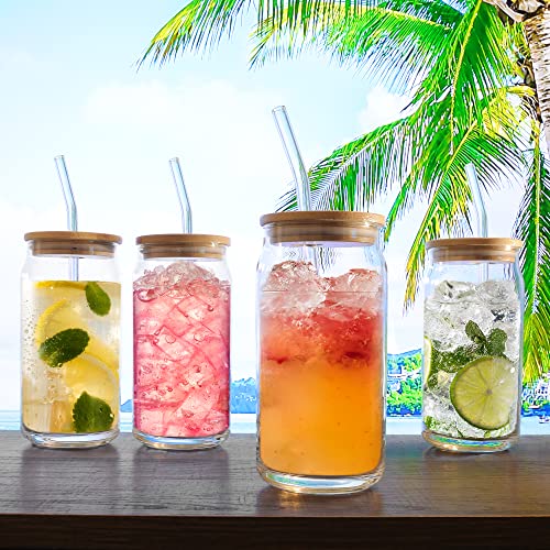 Thuget Can Shape Glasses - Drinking Glasses With Bamboo Lids, Reusable Straws, Cleaning Brush - For Hot & Iced Coffee, Tea, Wine, Cocktail, Beer - Dishwasher, Freezer, Microwave-Safe - 16Oz, Set Of 6 #TOP3