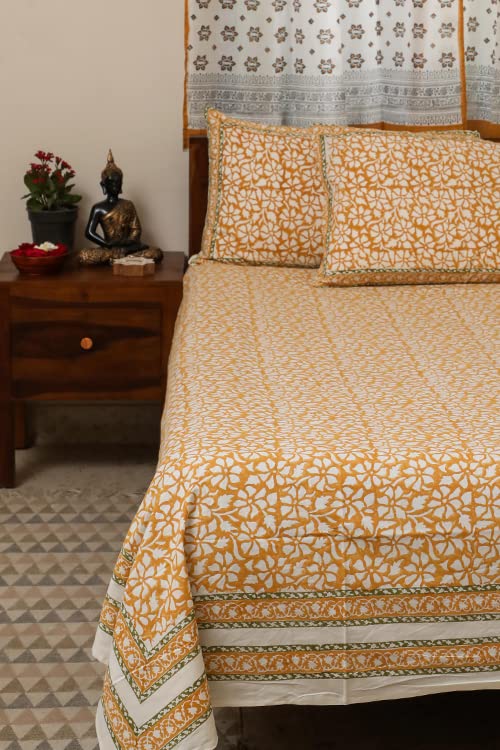 'PEET Pushp' Handblock Printed Cotton Bedsheet with Two Pillow Covers, Color:Yellow, Size: 90 Inch X 108 Inch II Handblock Print Bedsheet