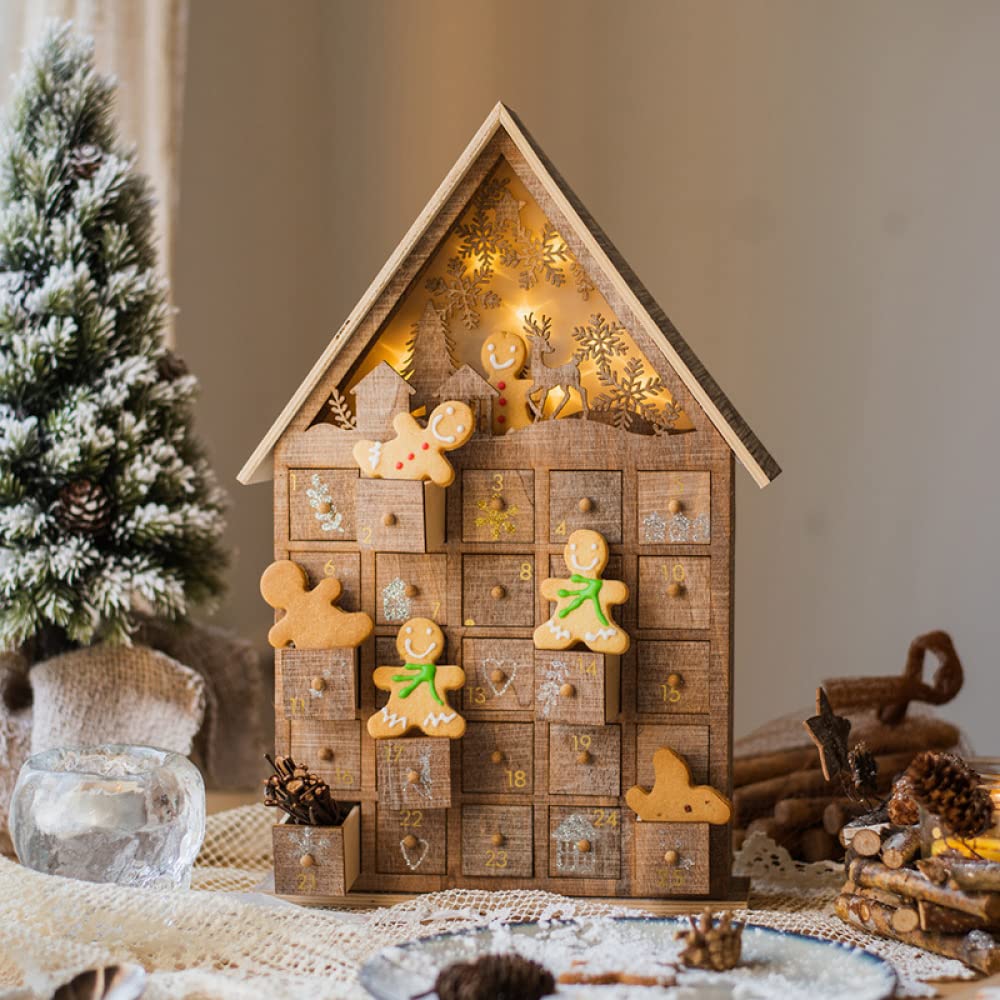 Siqi Countdown To Christmas Calendario de Adviento con luz led de madera, cajonera Candy House