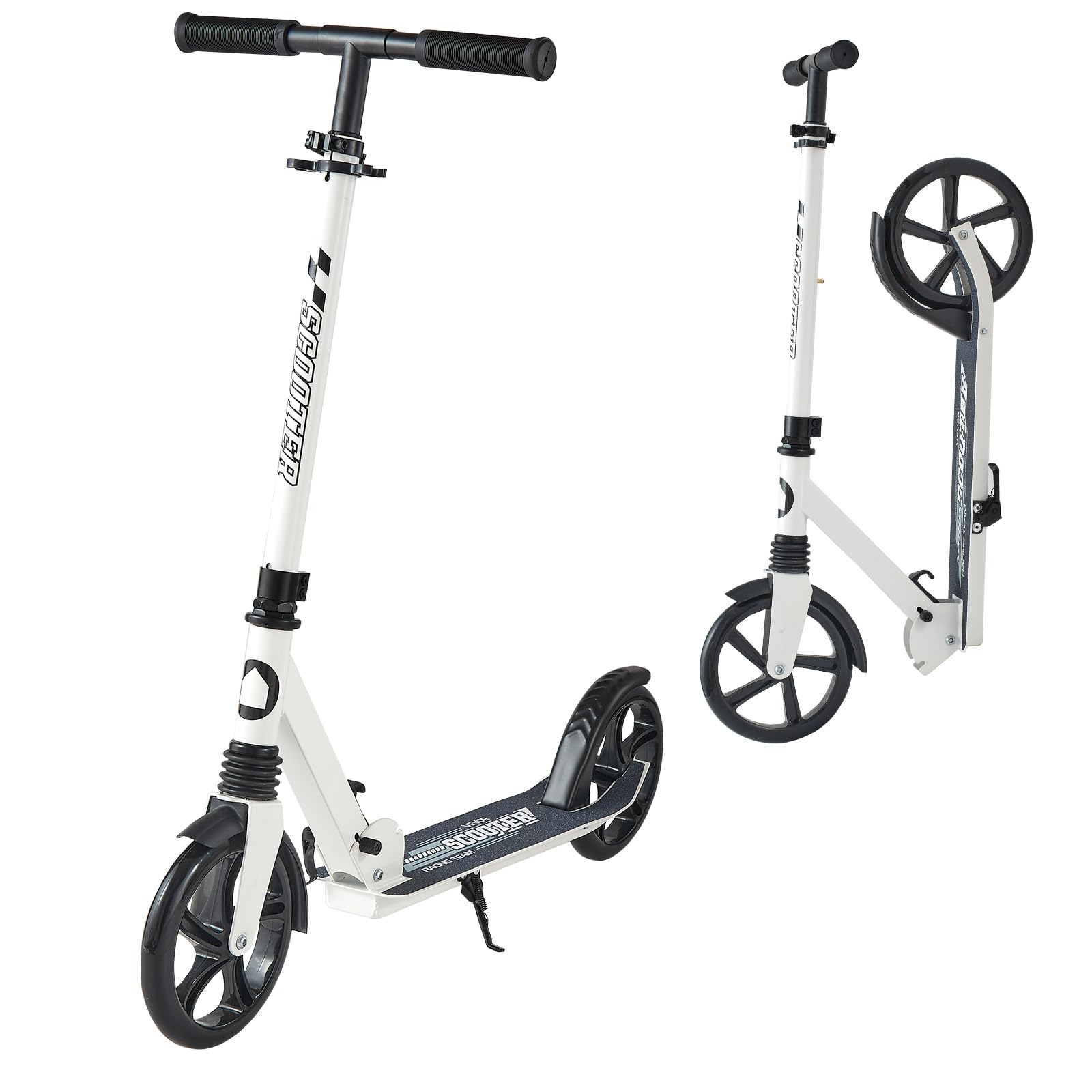 VEVOR Patinete 2 Ruedas, para Niños a Partir de 8 Años, Patinete de Calle Plegable con Manillar Regulable en Altura y Base Antideslizante, Chasis de Acero, hasta 100 kg, Color Negro y Blanco