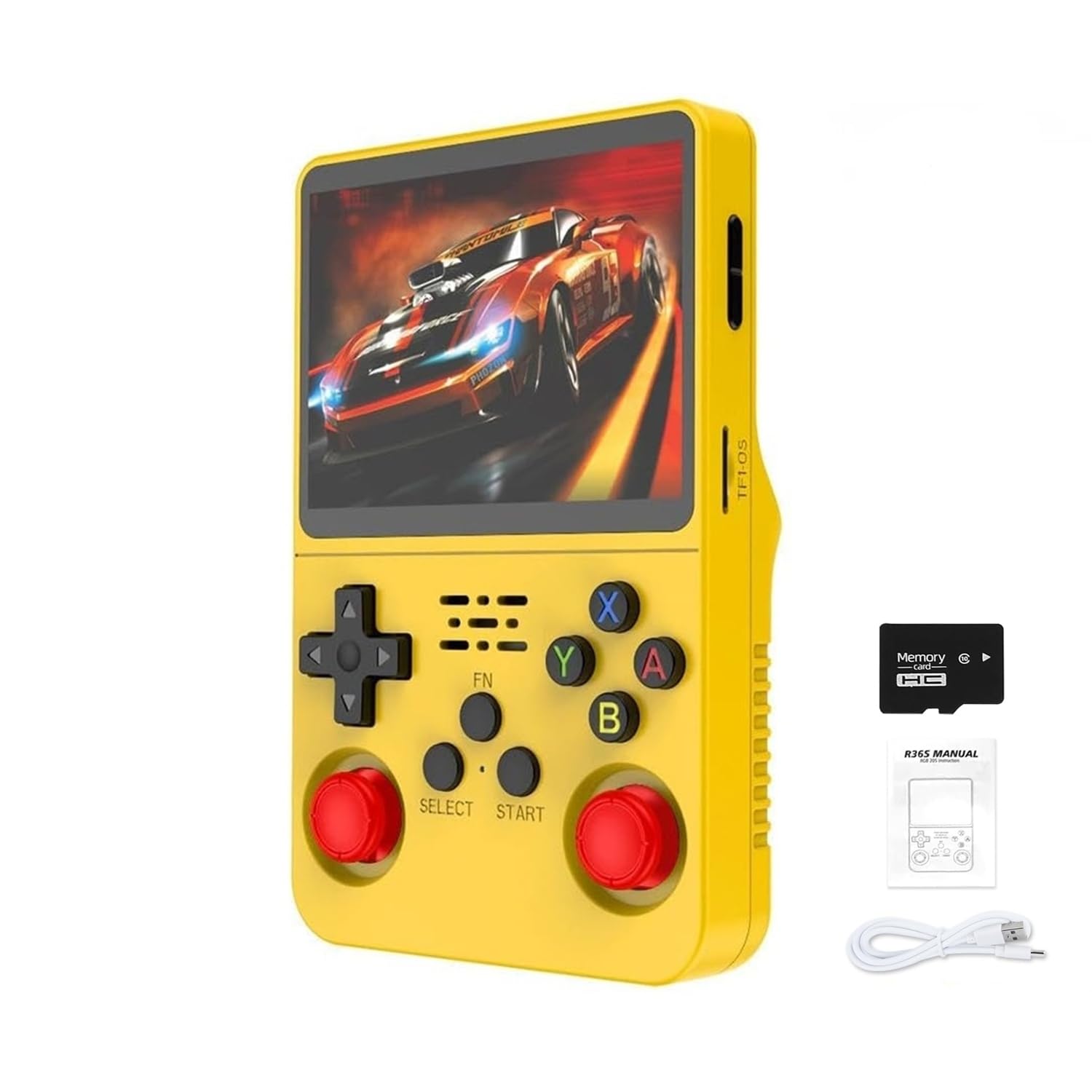 R36S Handheld Arcade Console - Built-in 20,000 Games & 64G, 3.5 Inch IPS Screen, Open Source System, Classic Emulator (Yellow)