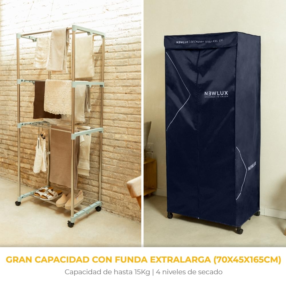 NEWTECK Przenośna elektryczna suszarka do prania Secadry XXL, z wentylacją, 1200 W, duża pojemność 15 kg, timer 180 min, 3 stopnie, cicha, wielofunkcyjna, suszarka, niebieska