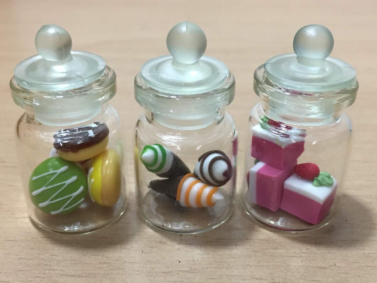 3pc Miniature Food Donut Chocolate Cookie Cake Candy Dollhouse Cake in Clear Glass Mini Bottle Fruit Food #MF039