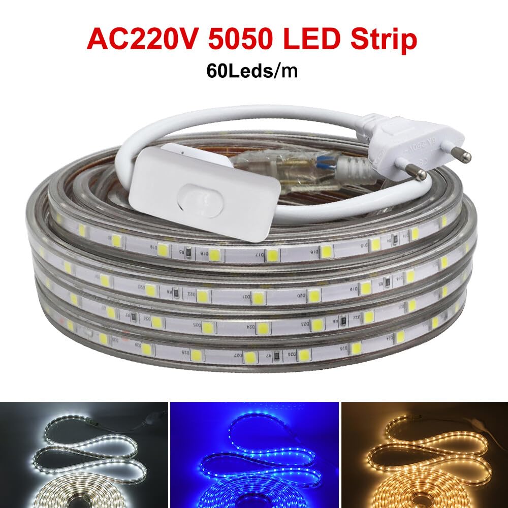 Tira LED 220V con encendido/apagado [30M, Blanco 6000-6500K],IP67 impermeable flexible,SMD5050,60 LEDs/m Guirnaldas luminosas CRI85+,decoración para cocinas,dormitorios,techos y tiendas