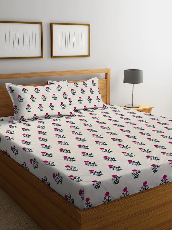 Image of NHD HOME Pure Cotton Flat Double Bedsheets with 2 Pillow Covers | Double Bed Breathable | Wrinklefree | Soft 200tc Supersoft | 228 x 225 Cm| White Pink & Black