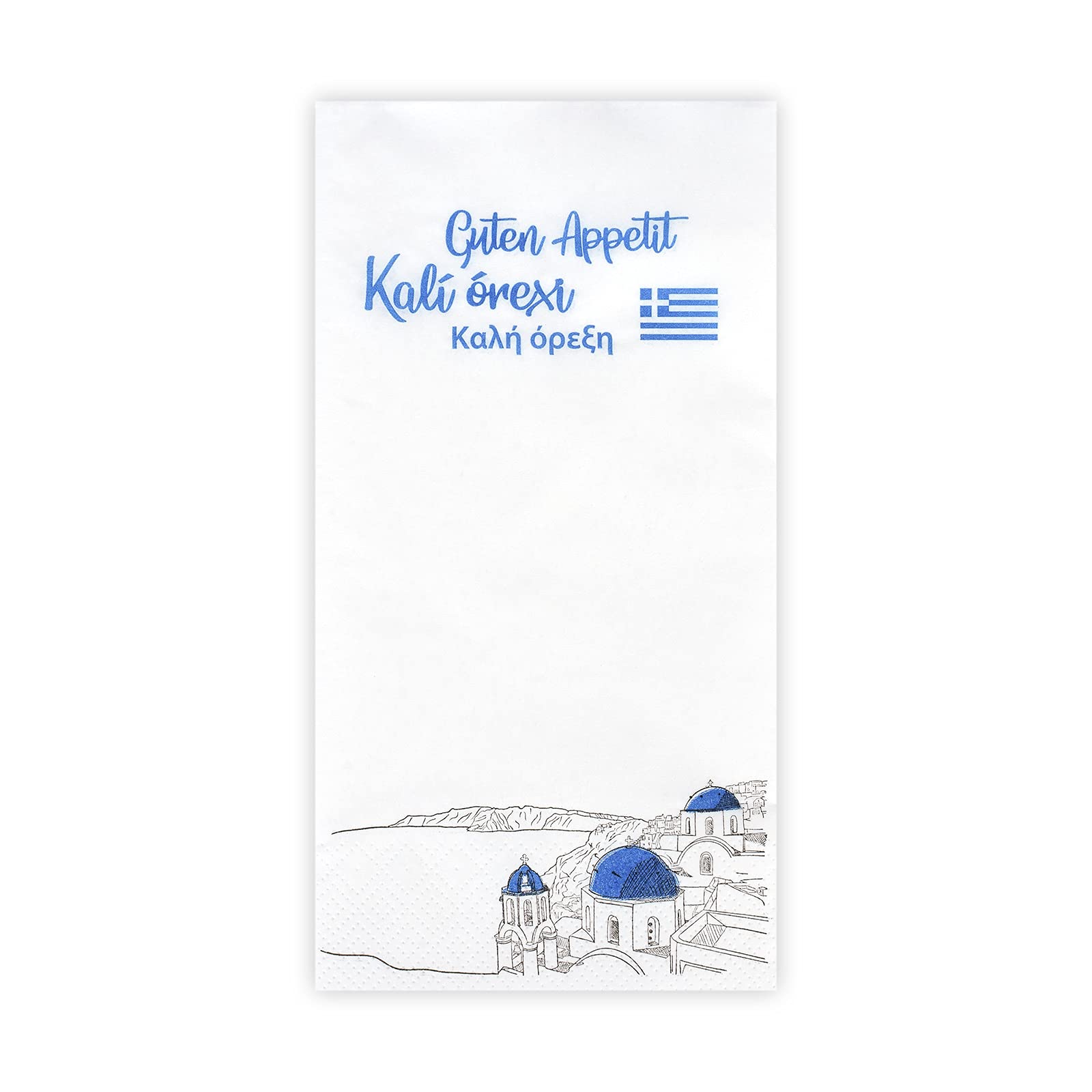 Funny Tovaglioli Colorati con motivo Santorin - Buon appetito – Io imparne greco, 40 x 40 cm, 2 strati, piegatura 18, blu bianco, cellulosa | 1000 pezzi
