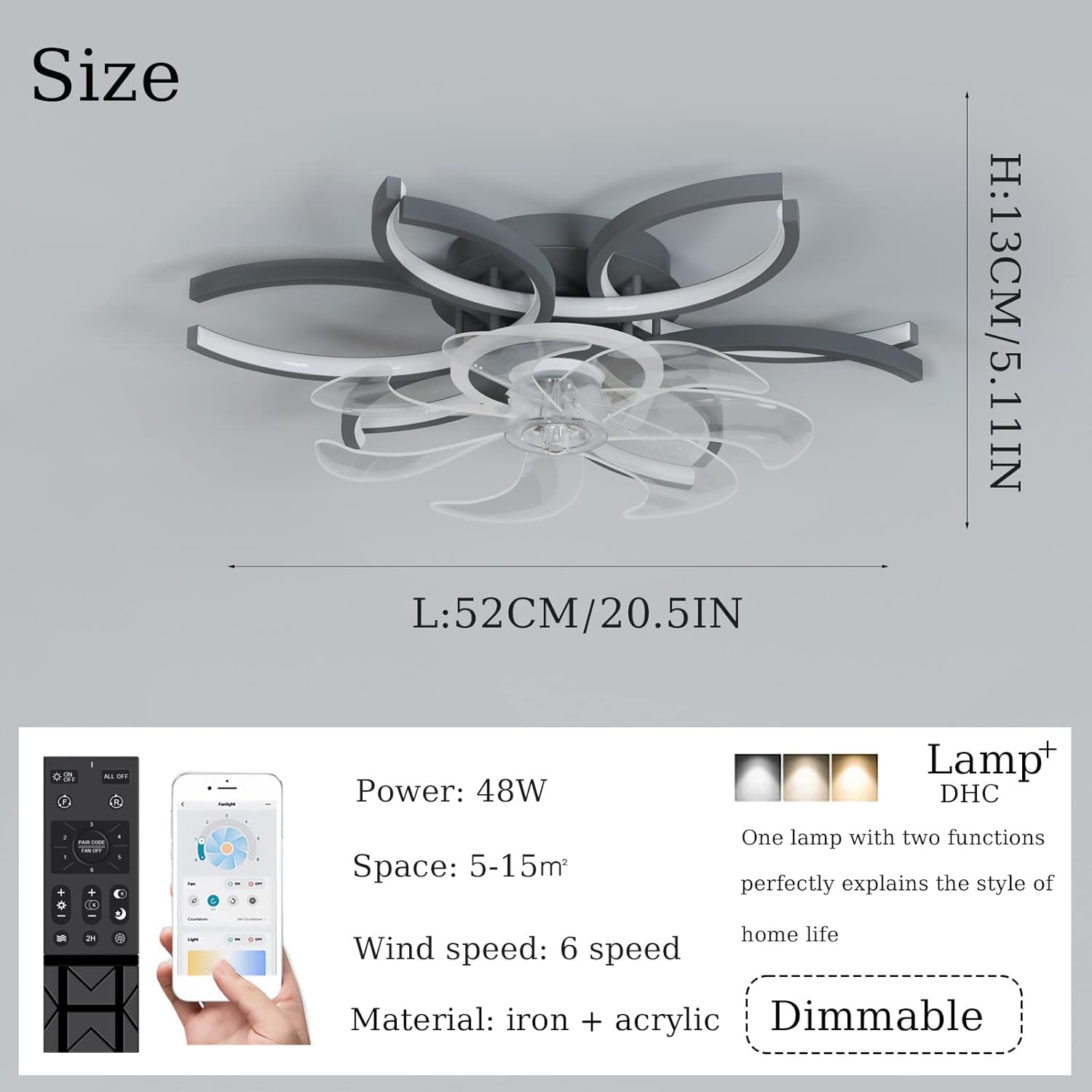 YUEGOO Ceiling Fans with Lamps,Remote Control App Control Modern Flower Led Dimmable Silent Ceiling Fan Chandelier 6 Speed Timer Dc Reversible 60W Ceiling Fans with Lamps for Bedroom Living/White/52Cm