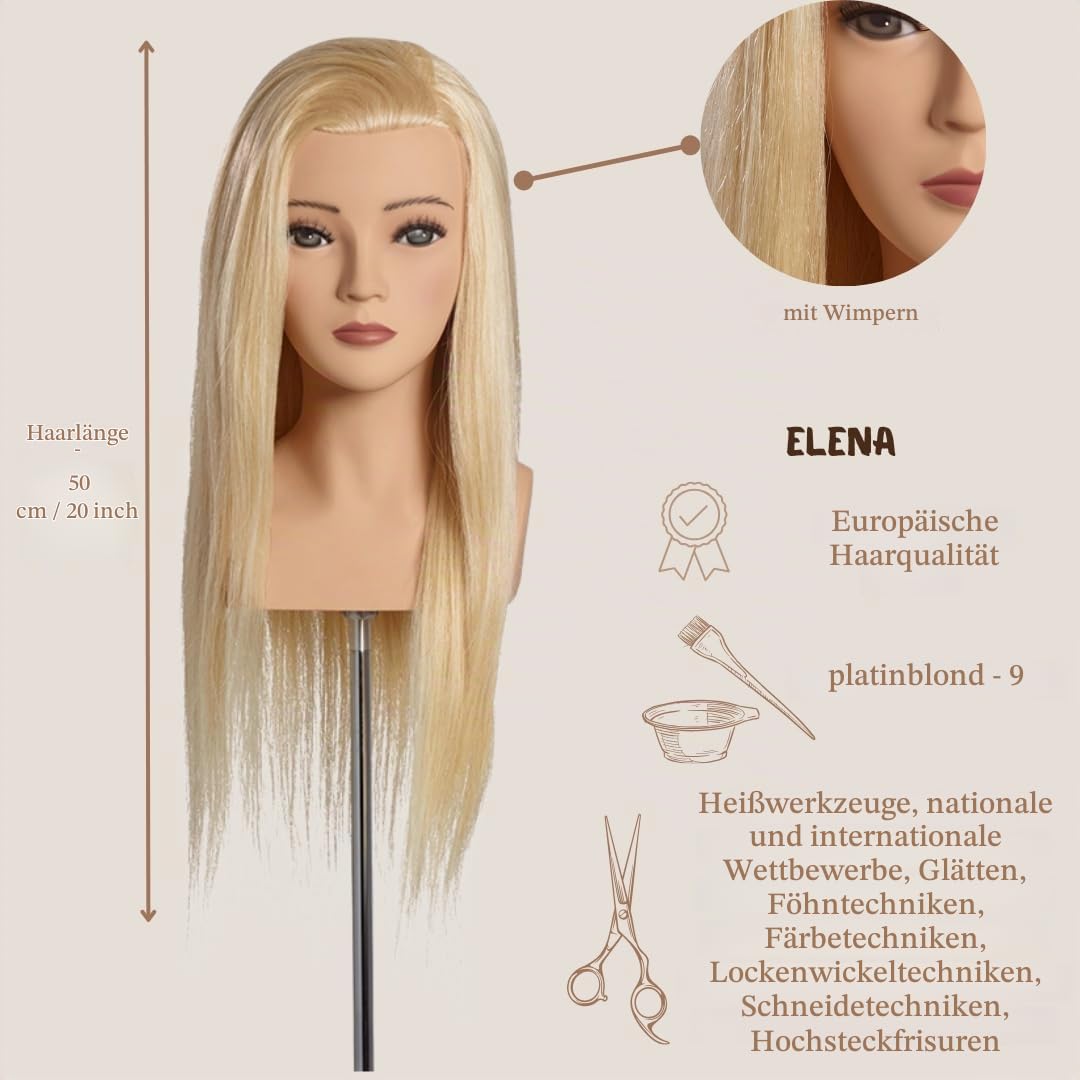 Frisierkopf Elena - L'IMAGE - mit 50 cm Echthaar, mit Wimpern