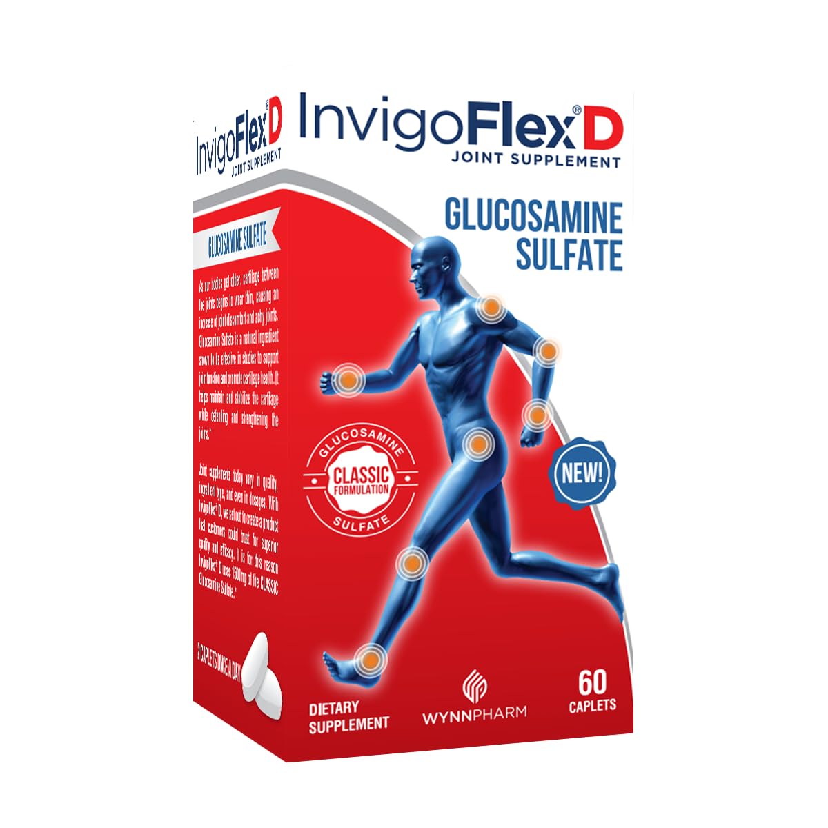 INVIGOFLEX® D - 1500mg of Glucosamine Sulfate (Classic Formulation) - Premium Joint Supplement for Knees, Hands, Back, & Hip Support D: Glucosamine Sulfate, Caplets - 60 Ct