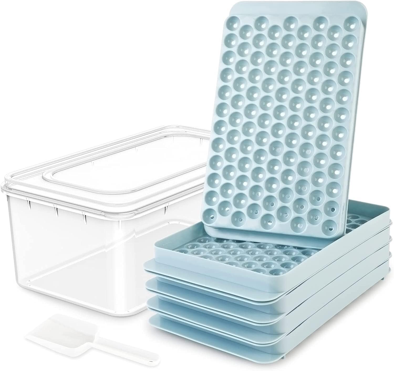 Mini Ice Cube Trays 4 Pack, Round Ice Trays for Freezer with Bin and Ice Scoop, Easy Release Ice Ball Maker Mold for Making 4x104 Sphere Ice Balls for Chilling Cocktail Whiskey Tea Coffee