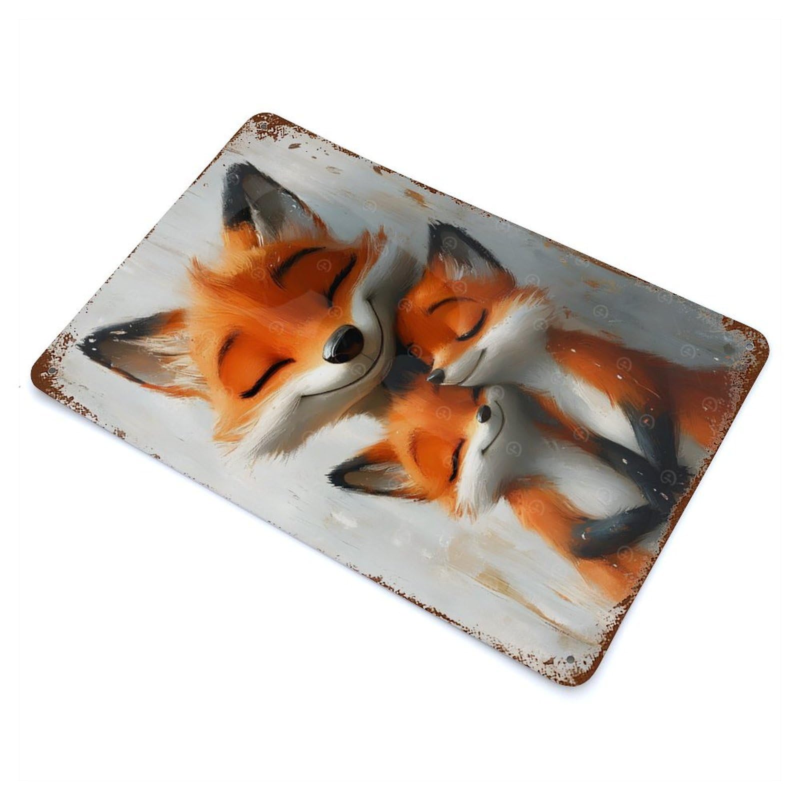 Aged Metal Wall Plaque with Fox Family Hug Design 11.8"x7.9", for Basement, Hobby Room And Garage Decor, Classic Wall Plaque