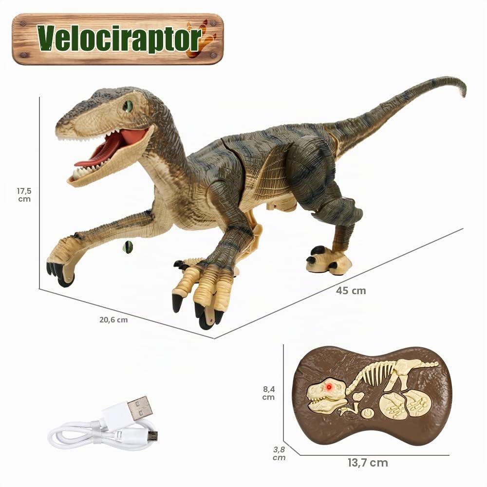 Fernbedienung Dinosaurier Spielzeug,Elektronisch Gehender Velociraptor mit LED-Beleuchtung&Realistische Simulation Geräusche,2,4 GHz Velociraptor Spielzeug,Beste RC Dinosaurier Geschenke für Kinder