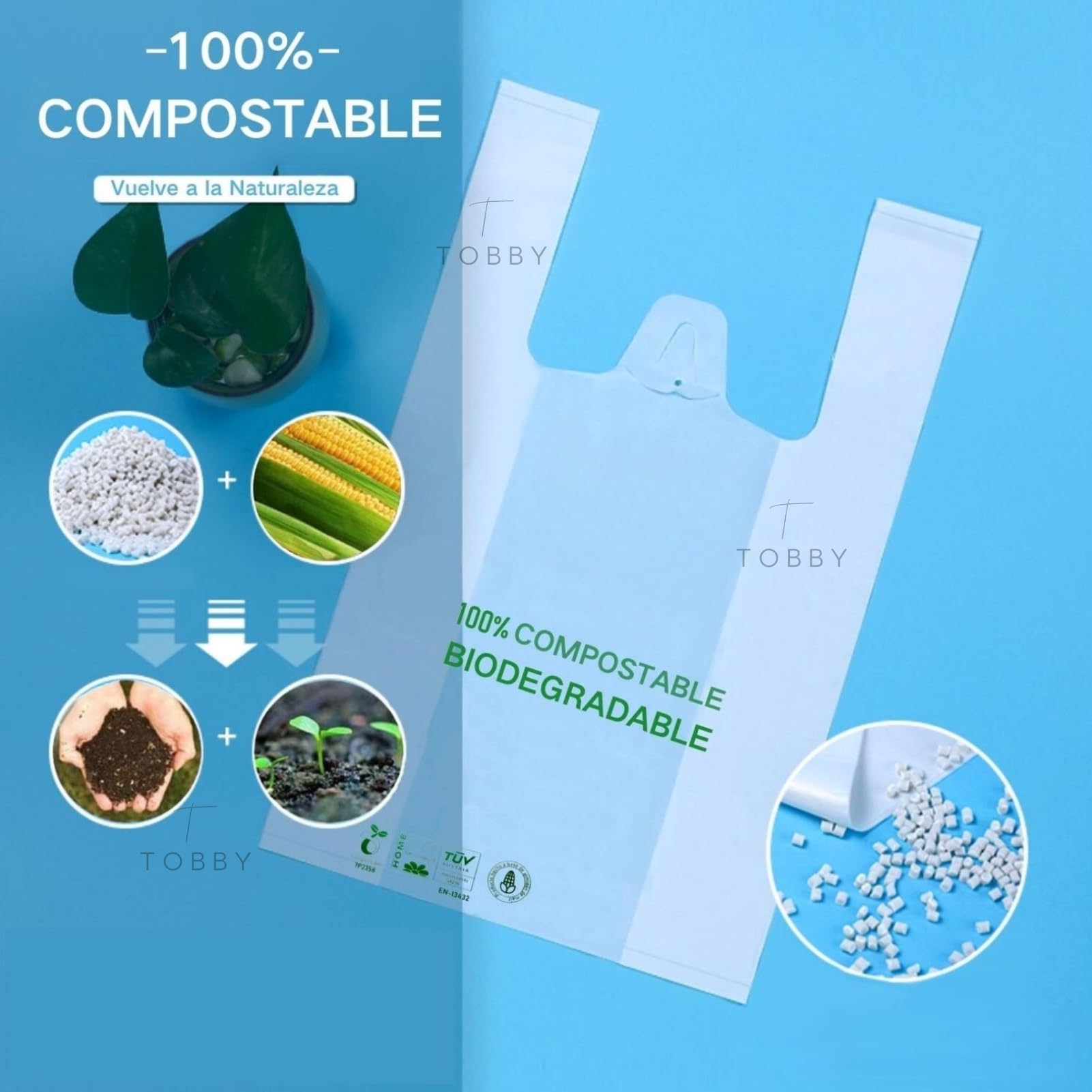 1000uds. Bolsas Camiseta 100% BIO 100 Bolsas,Bolsas Supermercado con Asas,100% Bolsas Compostables Reutilizables y Seguro para Alimento,Bolsas SIN Plastico PREMIUM Resistente y Sostenible