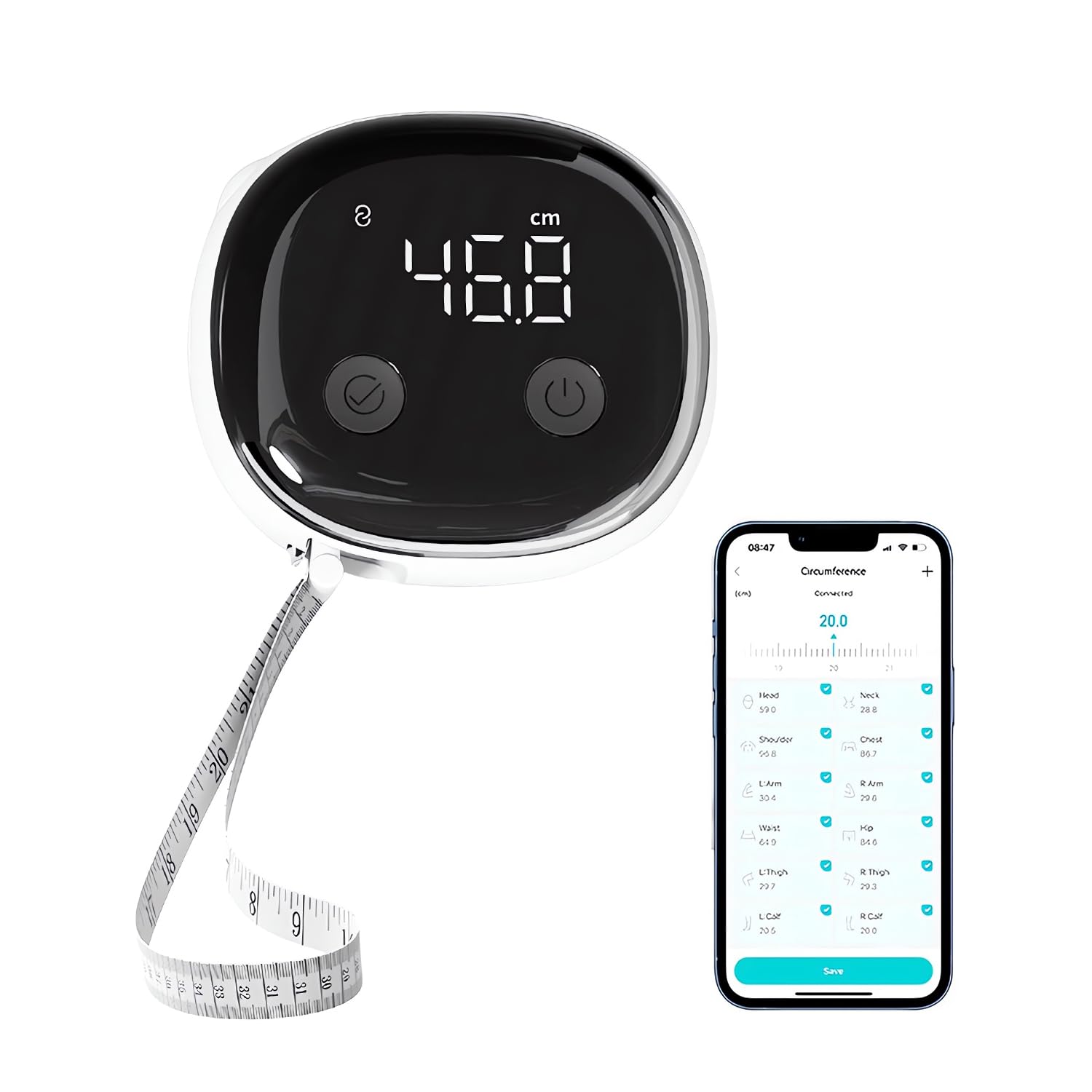 Smart Körpermaßband, Bluetooth Maßband Körper mit LED HD-Vollbildschirm & APP, Einziehbar Smart Körperumfangmaßband, Digitales Intelligentes Körpermaßband für Körpermessung, Bodybuilding