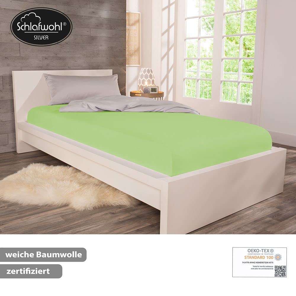 Sábana bajera ajustable 160 x 200 cm certificado ÖkoTex Standard 100 con goma antideslizante en todo el contorno sábana bajera de algodón con 30 cm de trabilla • Color verde kiwi