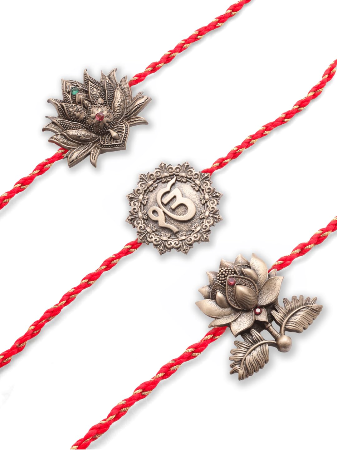 cosa nostraa Set of 3 Lotus & Ik Onkar Antique Gold Convertible Button Cover Rakhi for Brother-picture-2